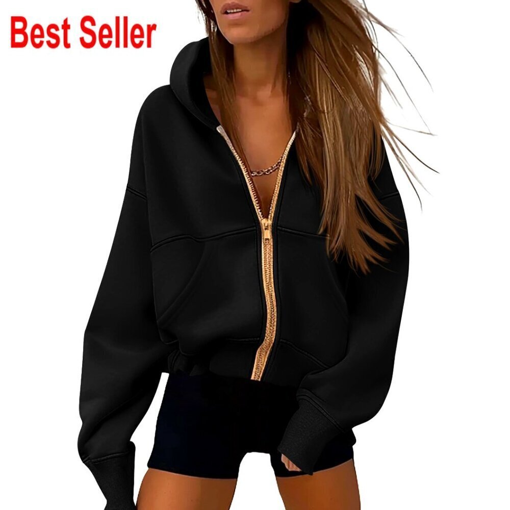 Fleece Lined Zip Up Hoodie, Drop Shoulder, Pockets, Loose Fit, Long Sleeve